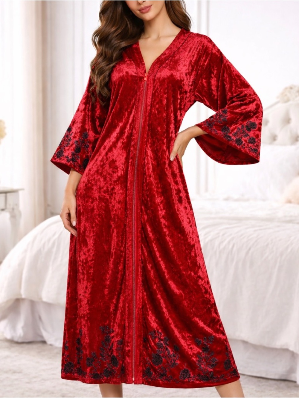 Dreams & Co Size M Red Crushed Velvet Maxi Duster Kimono Embroidered Boho Kimono